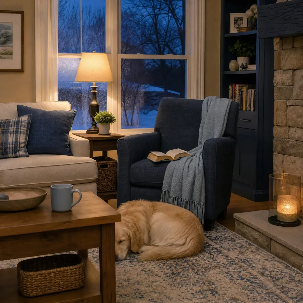 A living room at dusk with a navy armchair holding an open book and a gray throw, a beige sofa with plaid and navy pillows, a lit table lamp by a window showing bare trees and snow, a golden retriever lying on a patterned rug, a wooden coffee table with a mug, a stone fireplace surround and a lantern candle.