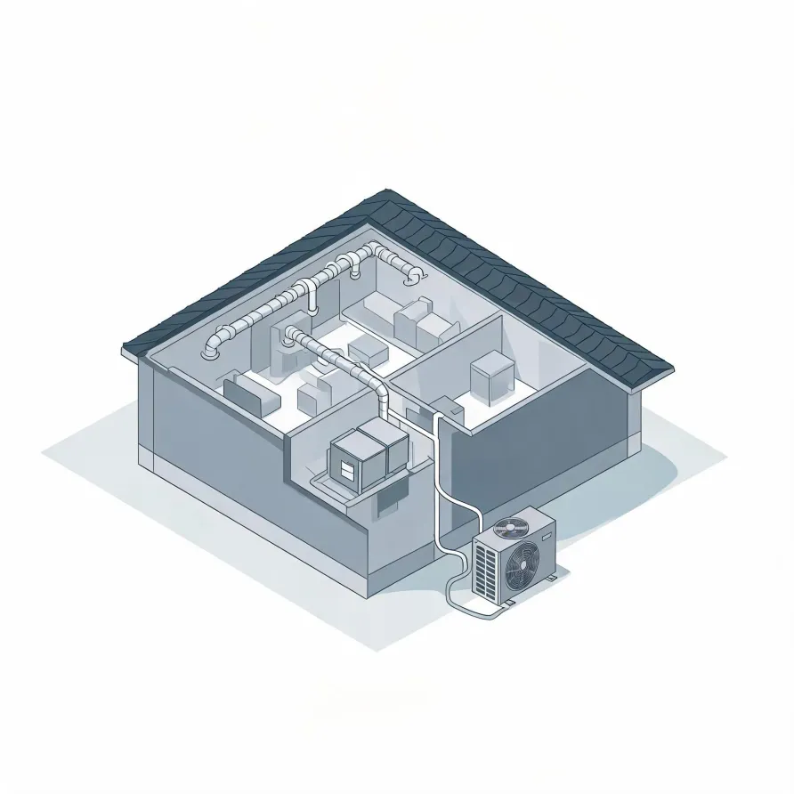 Isometric cutaway illustration of a single-story house showing interior ductwork, an indoor air handler, and an outdoor condenser unit connected by lines along the exterior wall.