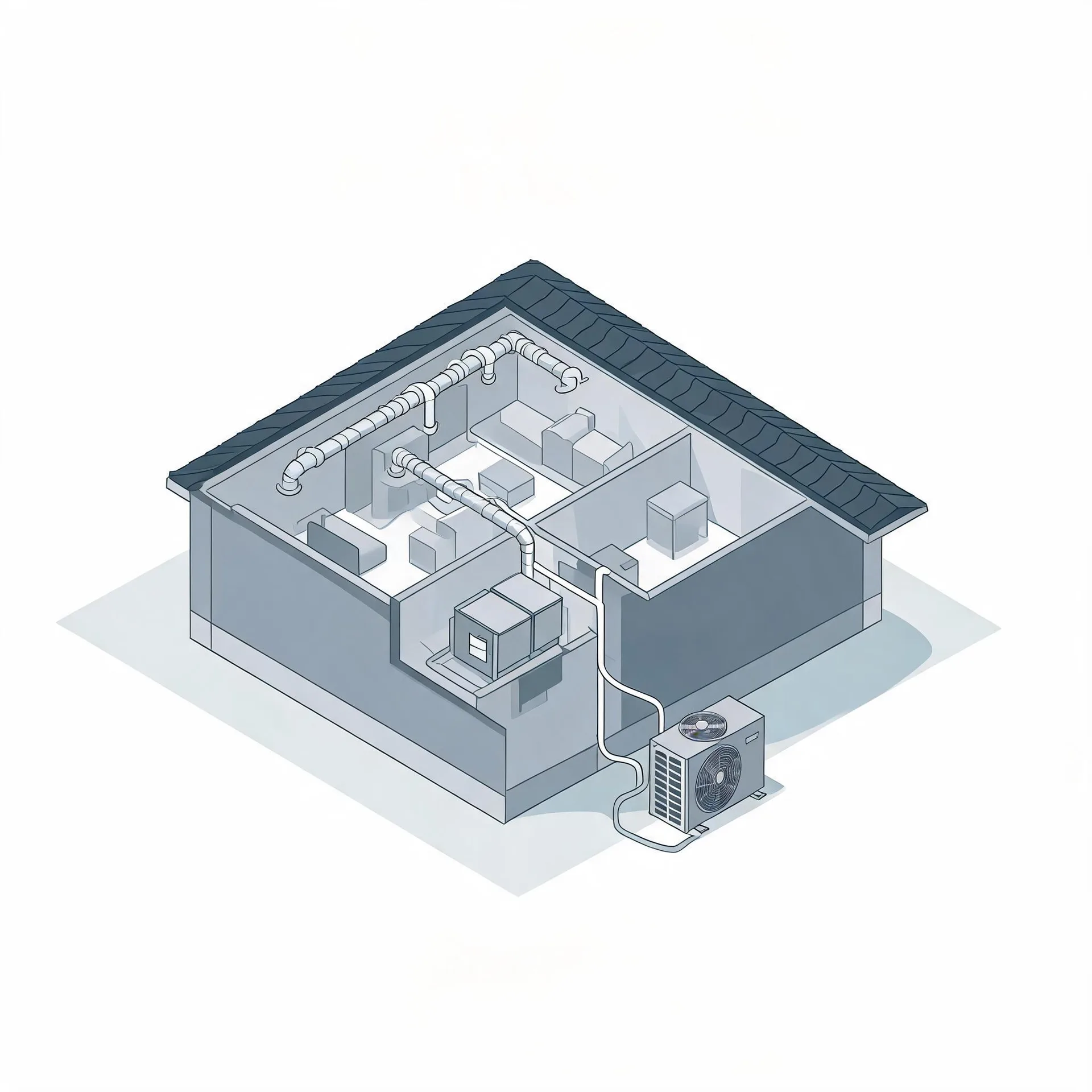 Isometric cutaway illustration of a single-story house showing interior ductwork, an indoor air handler, and an outdoor condenser unit connected by lines along the exterior wall.