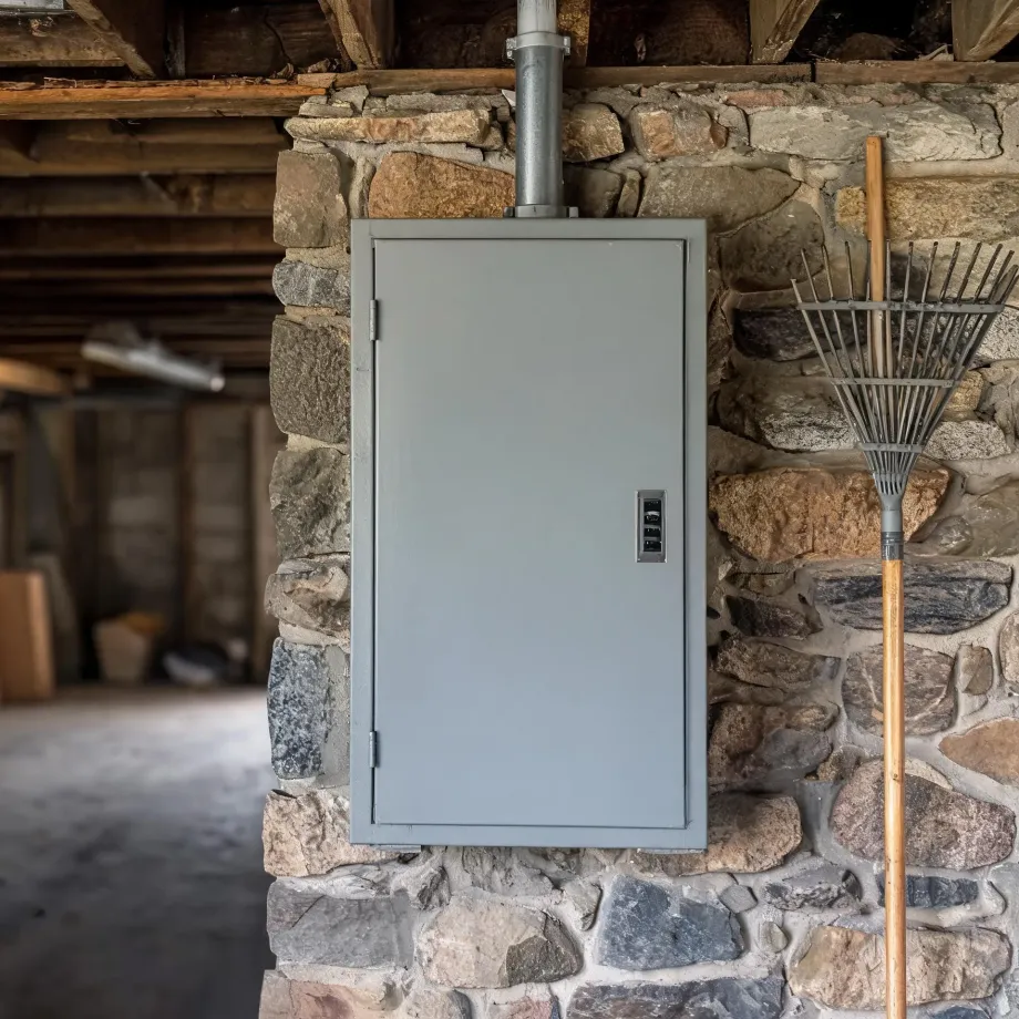 A gray metal electrical panel box with a closed door and conduit running up to wooden ceiling joists, mounted on a stone wall in a basement, with a leaf rake leaning against the wall at right.