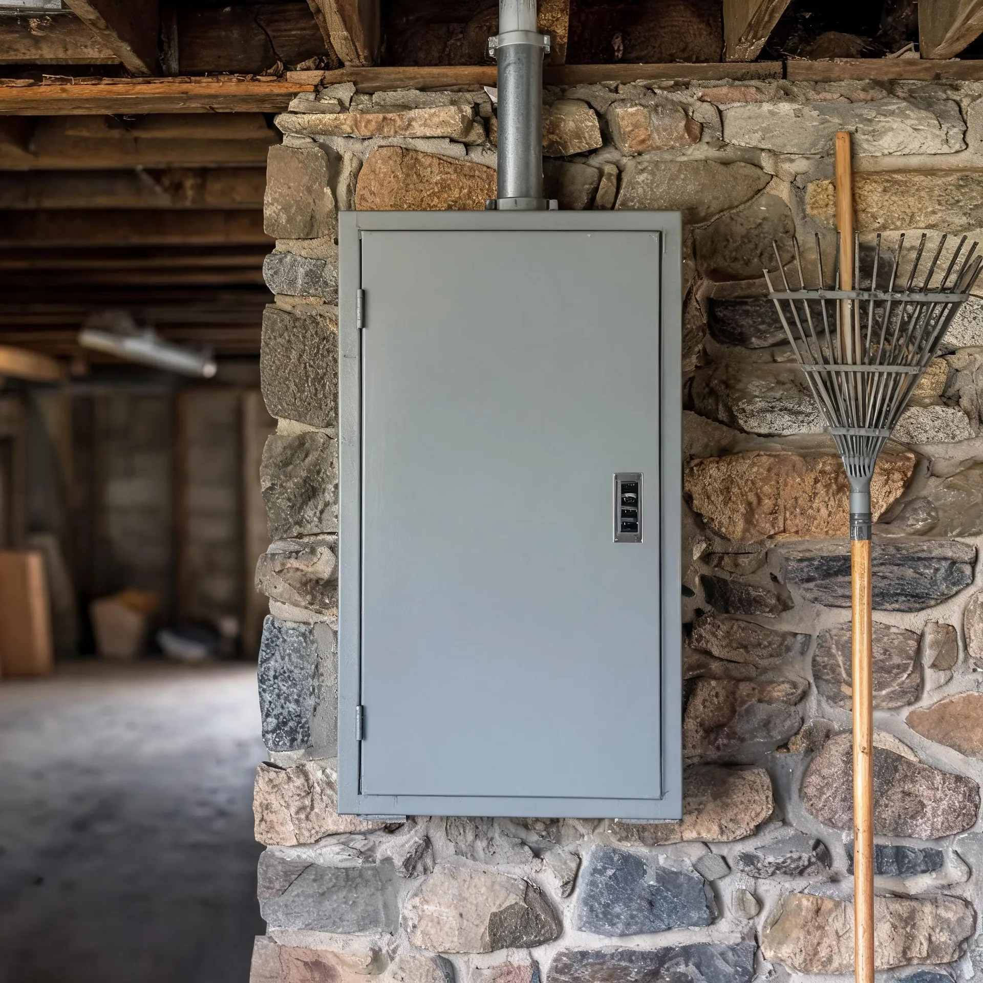 A gray metal electrical panel box with a closed door and conduit running up to wooden ceiling joists, mounted on a stone wall in a basement, with a leaf rake leaning against the wall at right.