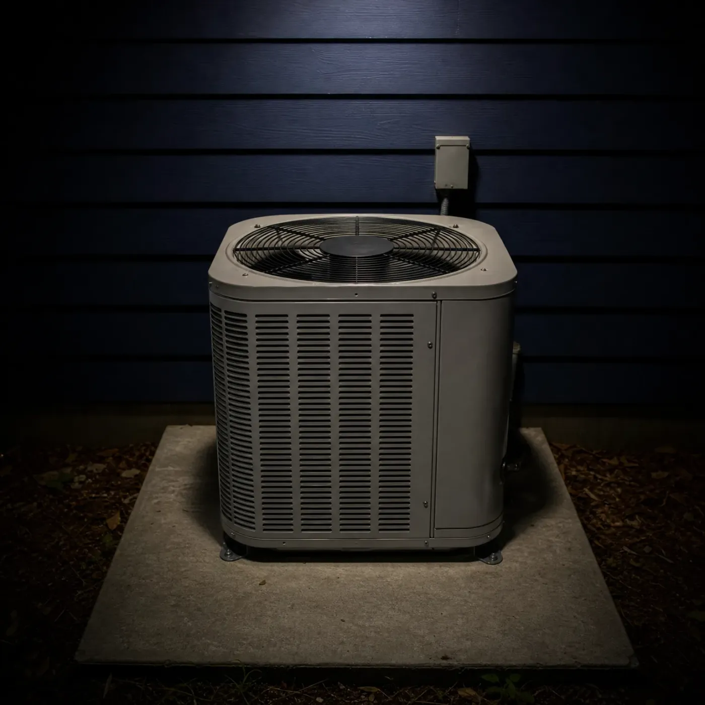An outdoor air conditioning condenser unit on a concrete pad beside a dark horizontal-lap sided wall at night, with an electrical disconnect box mounted on the wall above.