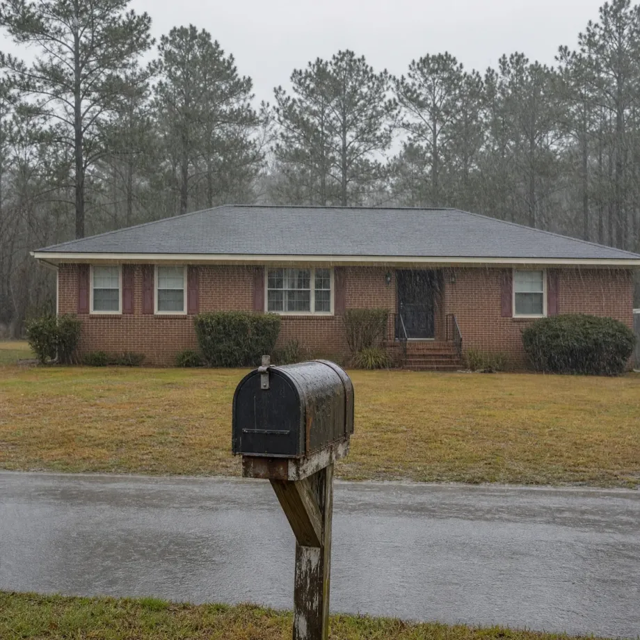 A single-story brick ranch house with dark shutters and a gray shingled roof behind a lawn, with a weathered black mailbox on a wooden post beside a wet road in the foreground and pine trees in the background under an overcast sky.
