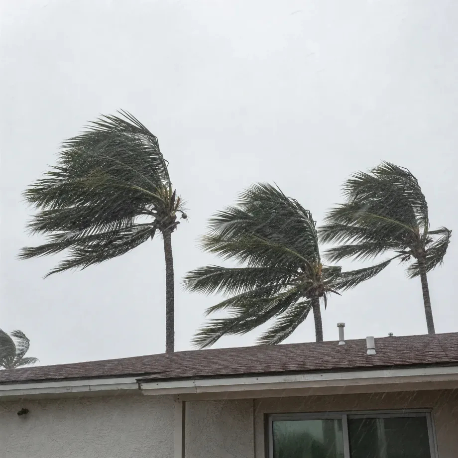 Palm trees bending in strong wind and rain against a pale gray sky above a single-story stucco house with a shingled roof and a sliding glass door.