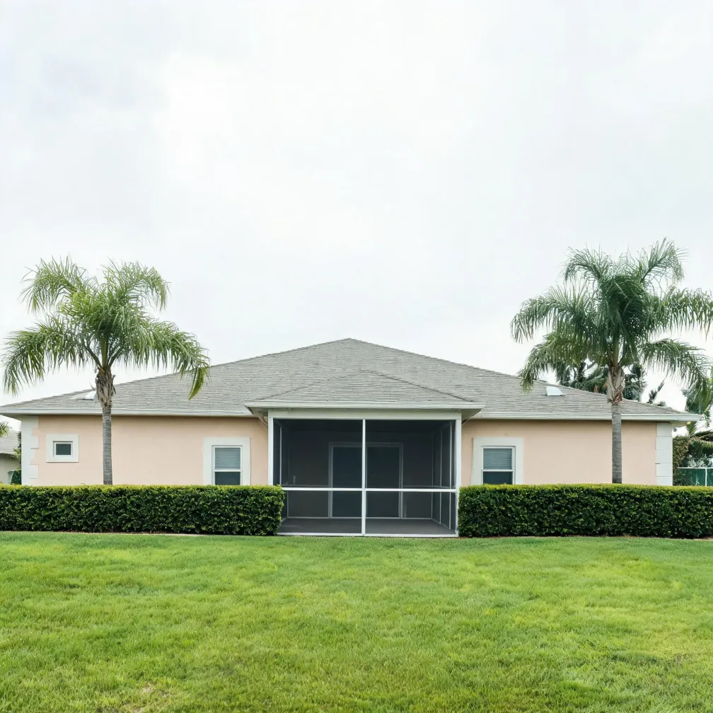 Rear exterior of a single-story stucco house with a hip shingle roof, a central screened porch, trimmed hedges along the wall, two palm trees, and a mown lawn under an overcast sky.