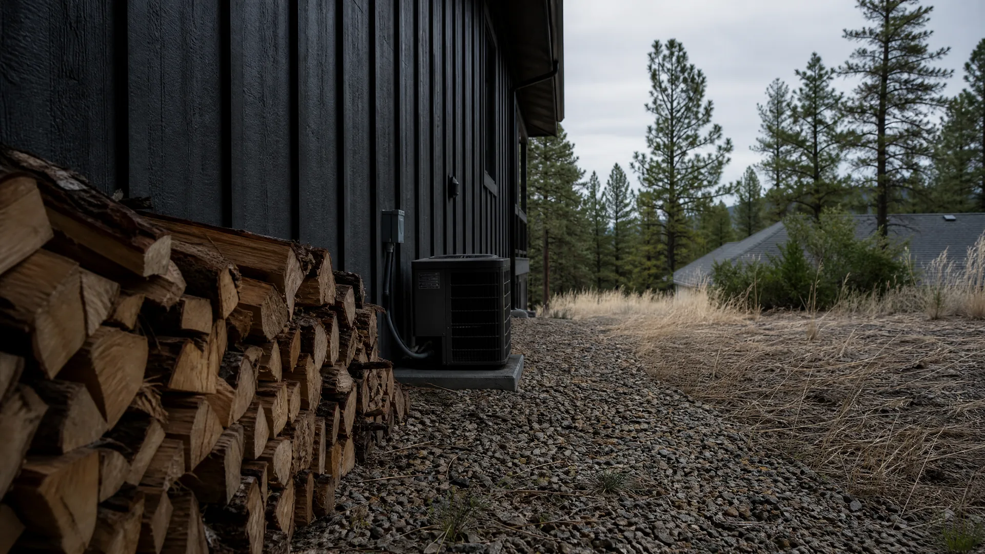 A stacked woodpile beside a dark vertical-board house exterior with an outdoor air conditioning condenser unit on a concrete pad, gravel ground, dry grass and conifer trees under an overcast sky.