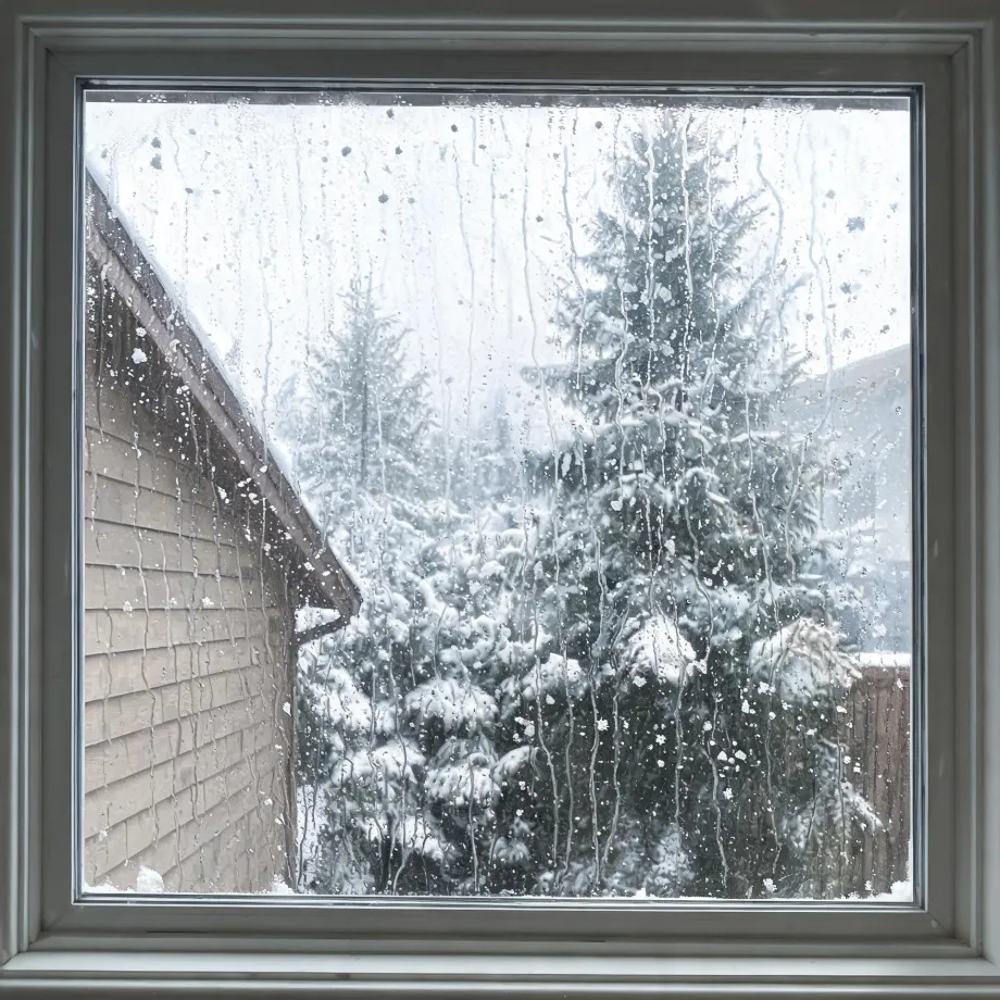 View through a wet, condensation-streaked square window of snow-covered conifer trees, a shingled roof and wall on the left, and a wooden fence on the right.