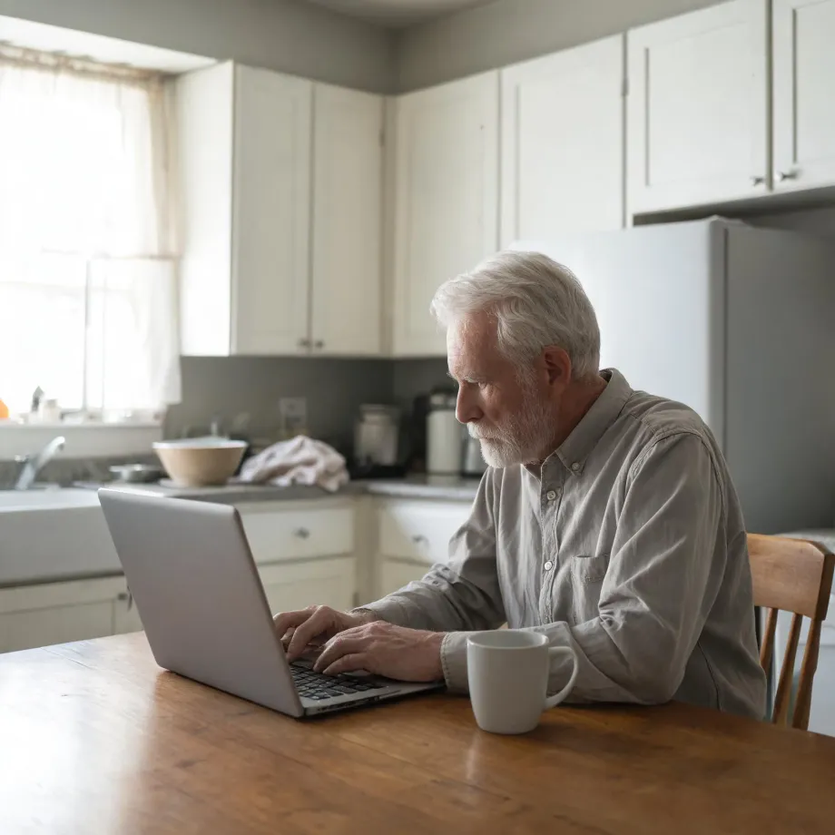 An older man with white hair and a beard, wearing a grey button-up shirt, types on a laptop at a wooden kitchen table with a white mug beside him, in a kitchen with white cabinets and a window.