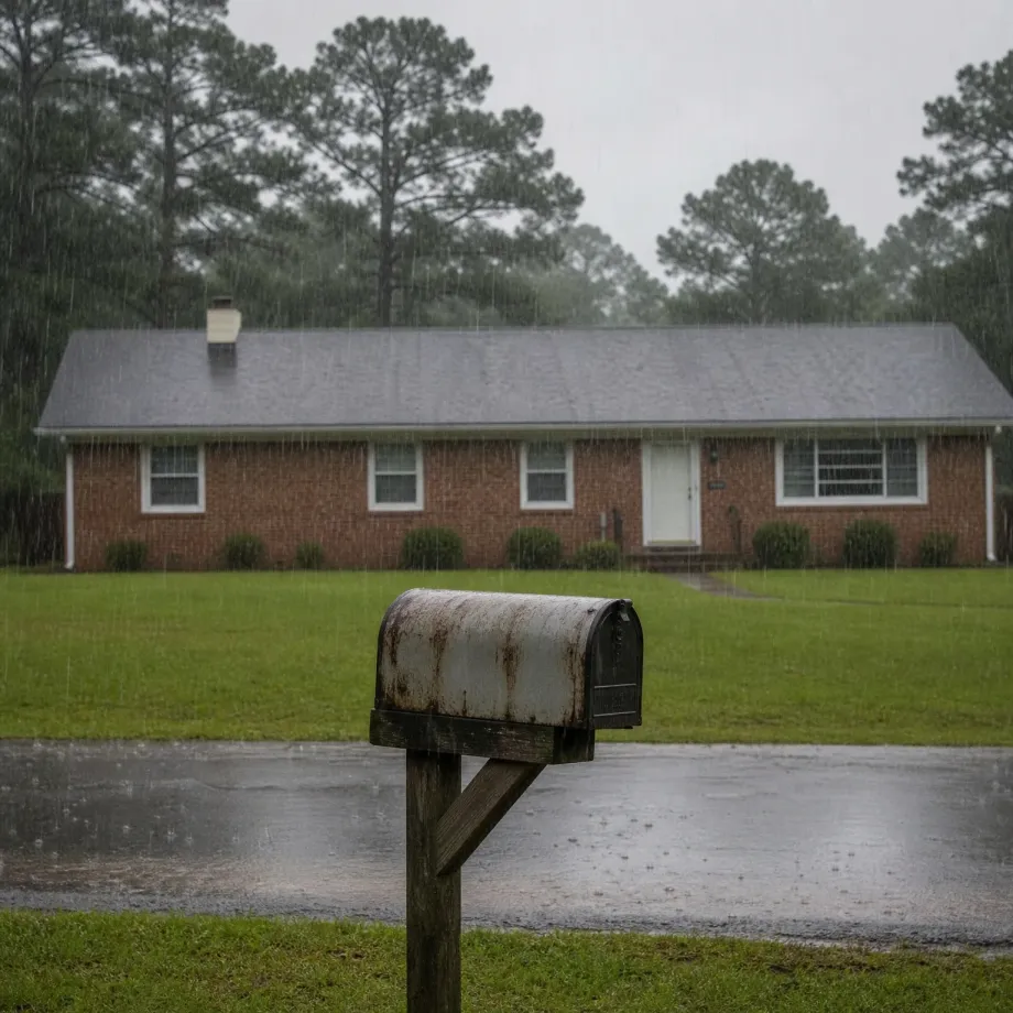 A rusted mailbox on a wooden post stands beside a wet road in front of a single-story brick house with a gray roof, with pine trees behind it during rain.