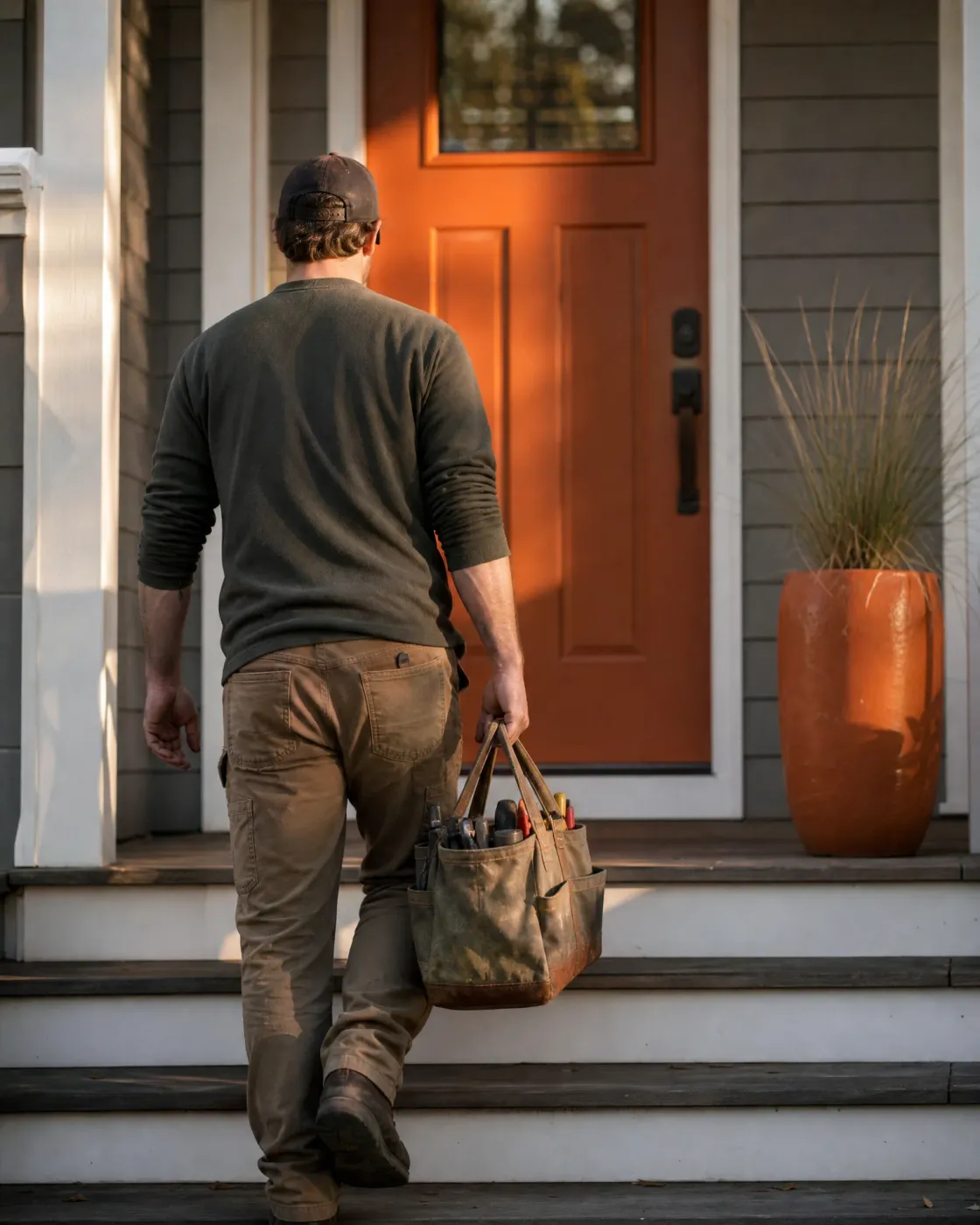 A man in a cap, dark long-sleeve shirt and tan work pants walks up wooden porch steps toward an orange front door, carrying a canvas tool tote; an orange planter with ornamental grass stands to the right.