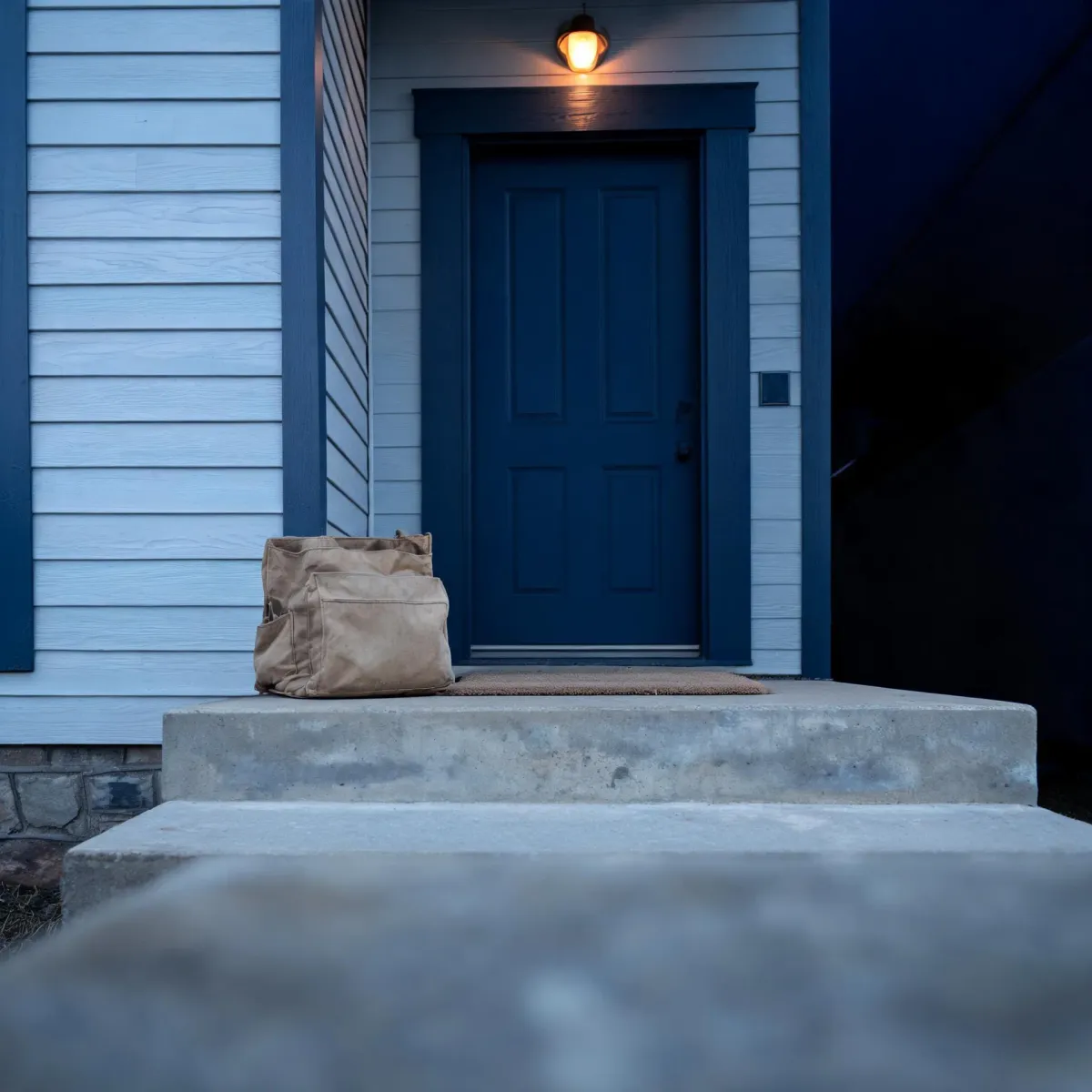 A tan canvas tote bag sits on a concrete porch beside a doormat in front of a blue paneled door with a lit overhead lamp and white horizontal siding at dusk.