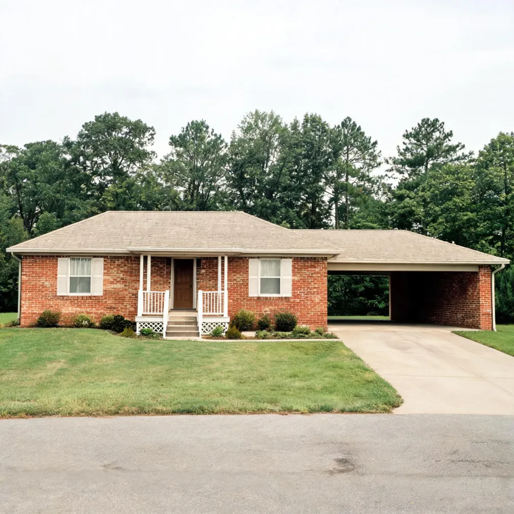 Single-story red brick ranch house with a shingled hip roof, small covered front porch with white railings, attached carport on the right, concrete driveway, mown lawn, and tall trees behind.