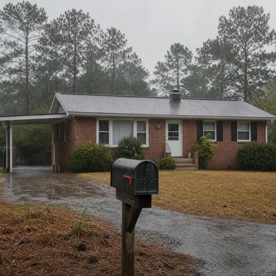 A single-story brick house with a carport and shingled roof behind a black mailbox on a weathered wooden post, seen during heavy rain with tall pine trees and a wet driveway.