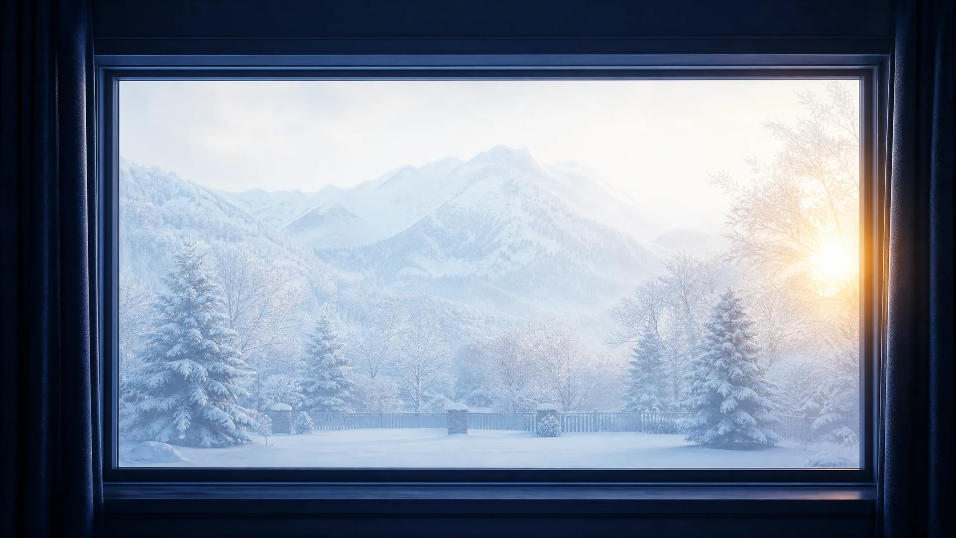 View from a dark interior through a large window onto a bright snow-covered landscape with conifers, a fence, and mountains, with sunlight at the right edge.