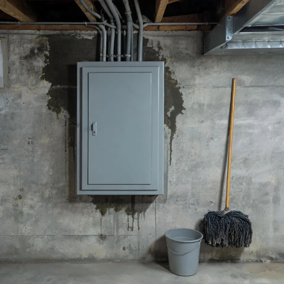 A gray metal electrical panel box mounted on a stained concrete basement wall, with conduit pipes running to exposed joists above, a mop leaning against the wall, and a gray bucket on the floor.