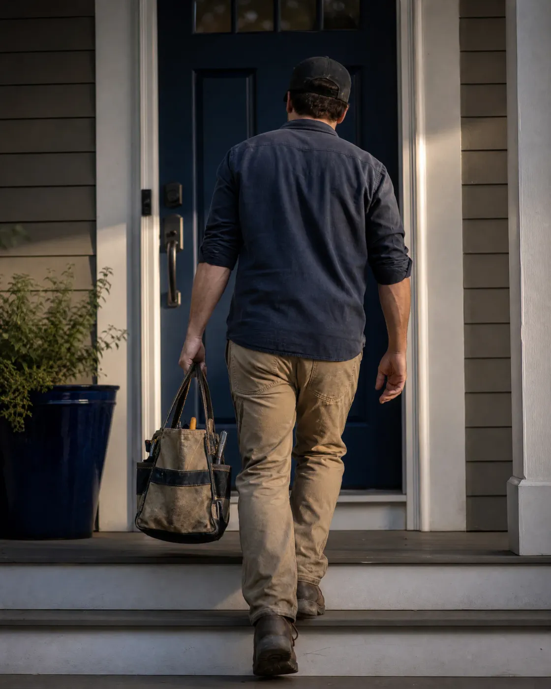 A man in a dark shirt, tan work pants, boots and a cap walks up porch steps toward a navy front door, carrying a canvas tool bag.