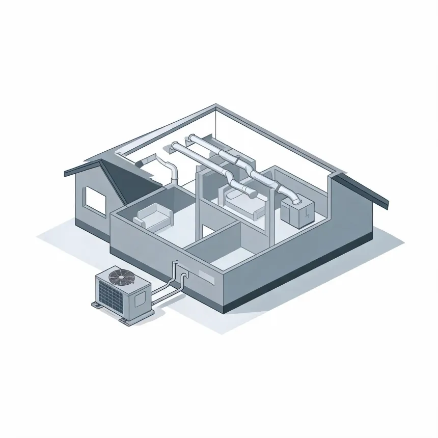 Isometric grayscale illustration of a cutaway house showing interior rooms, ceiling ductwork and an air handler, connected by lines to an outdoor condenser unit on a pad outside.
