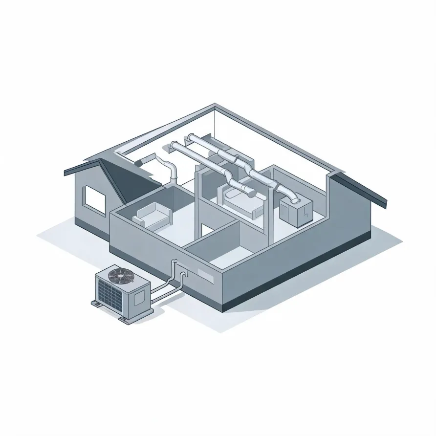Isometric grayscale illustration of a cutaway house showing interior rooms, ceiling ductwork and an air handler, connected by lines to an outdoor condenser unit on a pad outside.