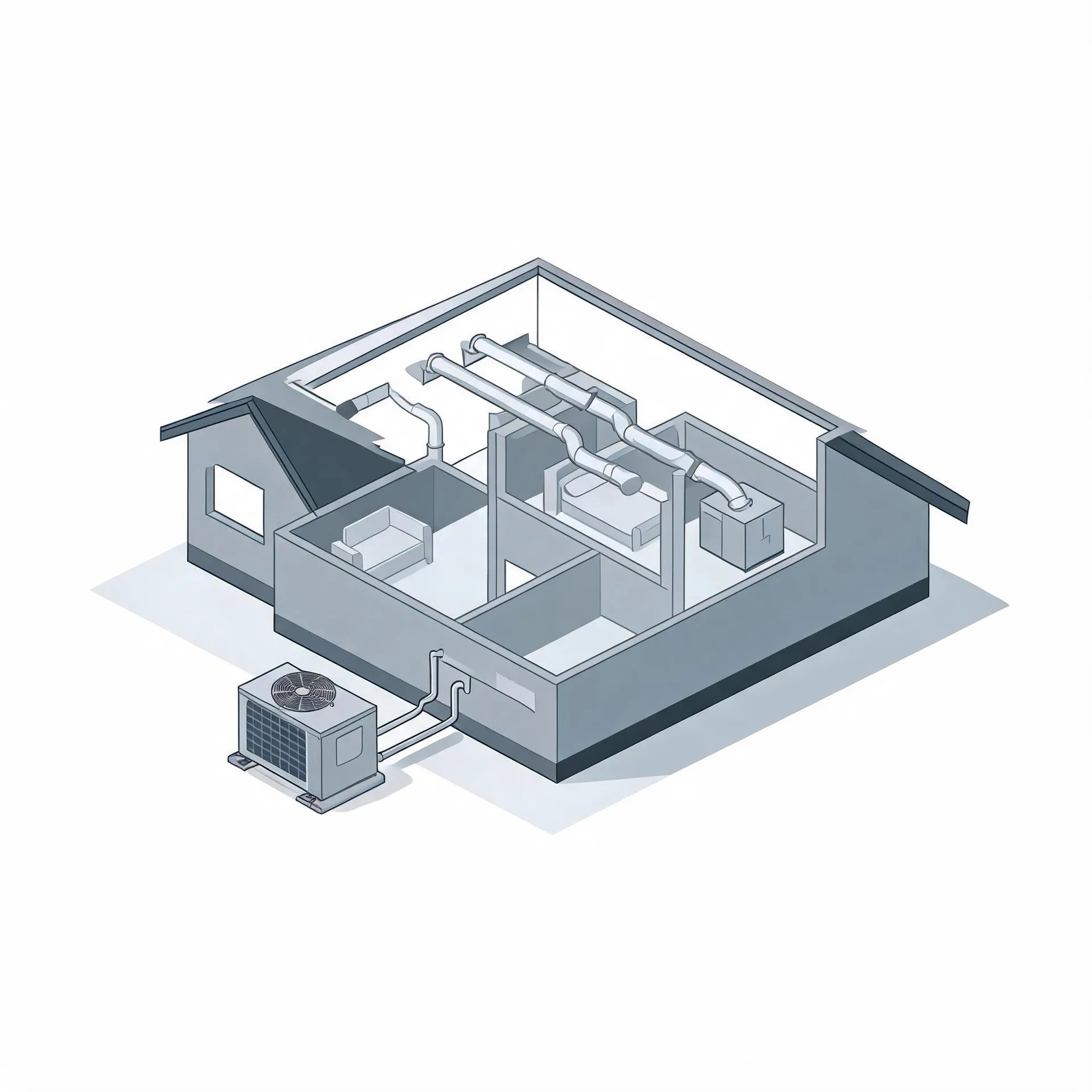 Isometric grayscale illustration of a cutaway house showing interior rooms, ceiling ductwork and an air handler, connected by lines to an outdoor condenser unit on a pad outside.