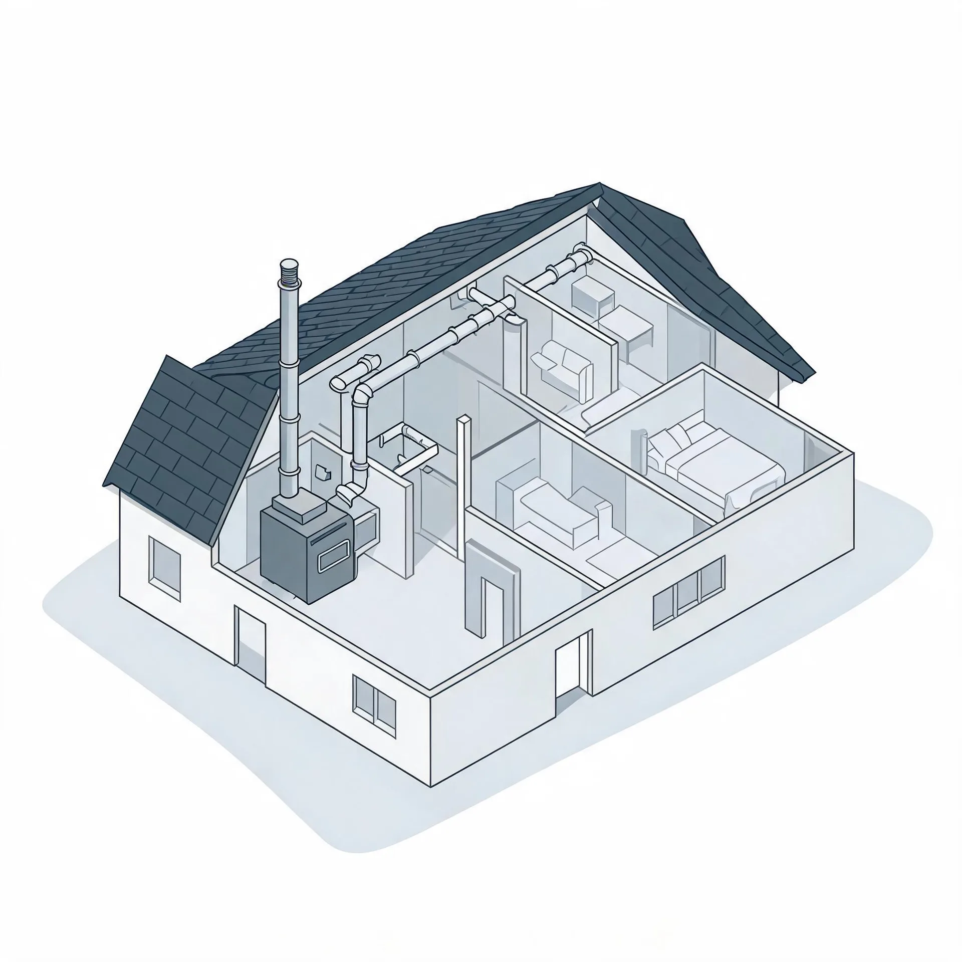 Isometric line illustration of a cutaway house showing interior rooms with furniture and a furnace with ducting and a flue pipe extending through the roof.