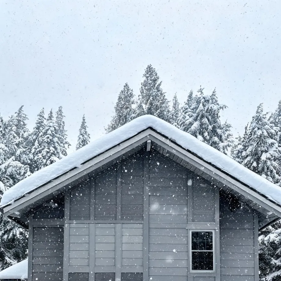 The gable end of a gray wood-sided house with a snow-covered roof and a small white-framed window, backed by snow-laden conifers under a pale sky with falling snowflakes.