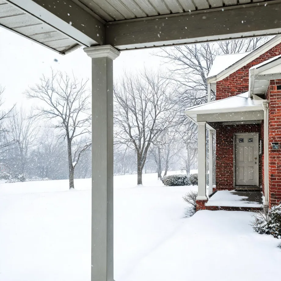 View from under a covered porch with a white column toward a red brick house entrance with a gray door, surrounded by deep snow, bare trees, and falling snowflakes.