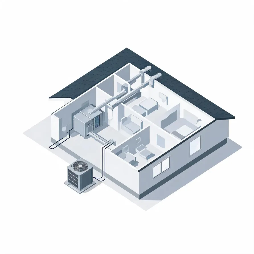 Isometric cutaway illustration of a single-story house showing interior rooms, ceiling ductwork, an indoor air handler, and an outdoor condenser unit connected by lines, in gray and white tones on a white background.