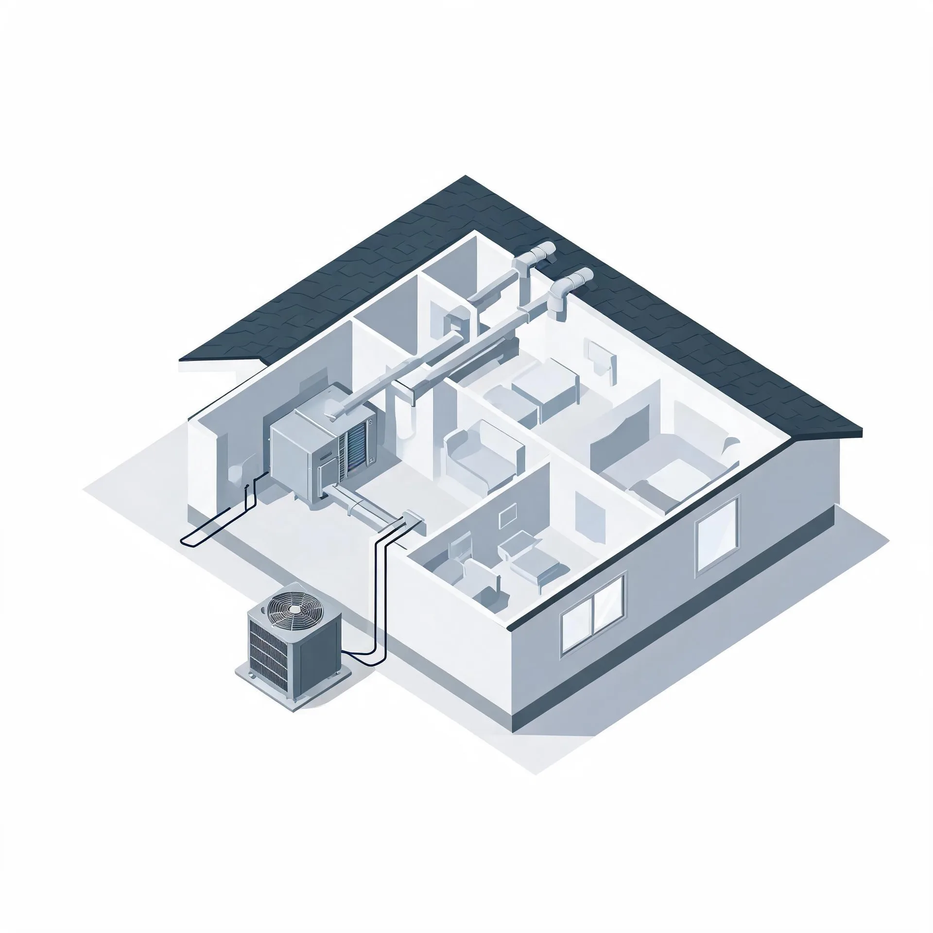 Isometric cutaway illustration of a single-story house showing interior rooms, ceiling ductwork, an indoor air handler, and an outdoor condenser unit connected by lines, in gray and white tones on a white background.