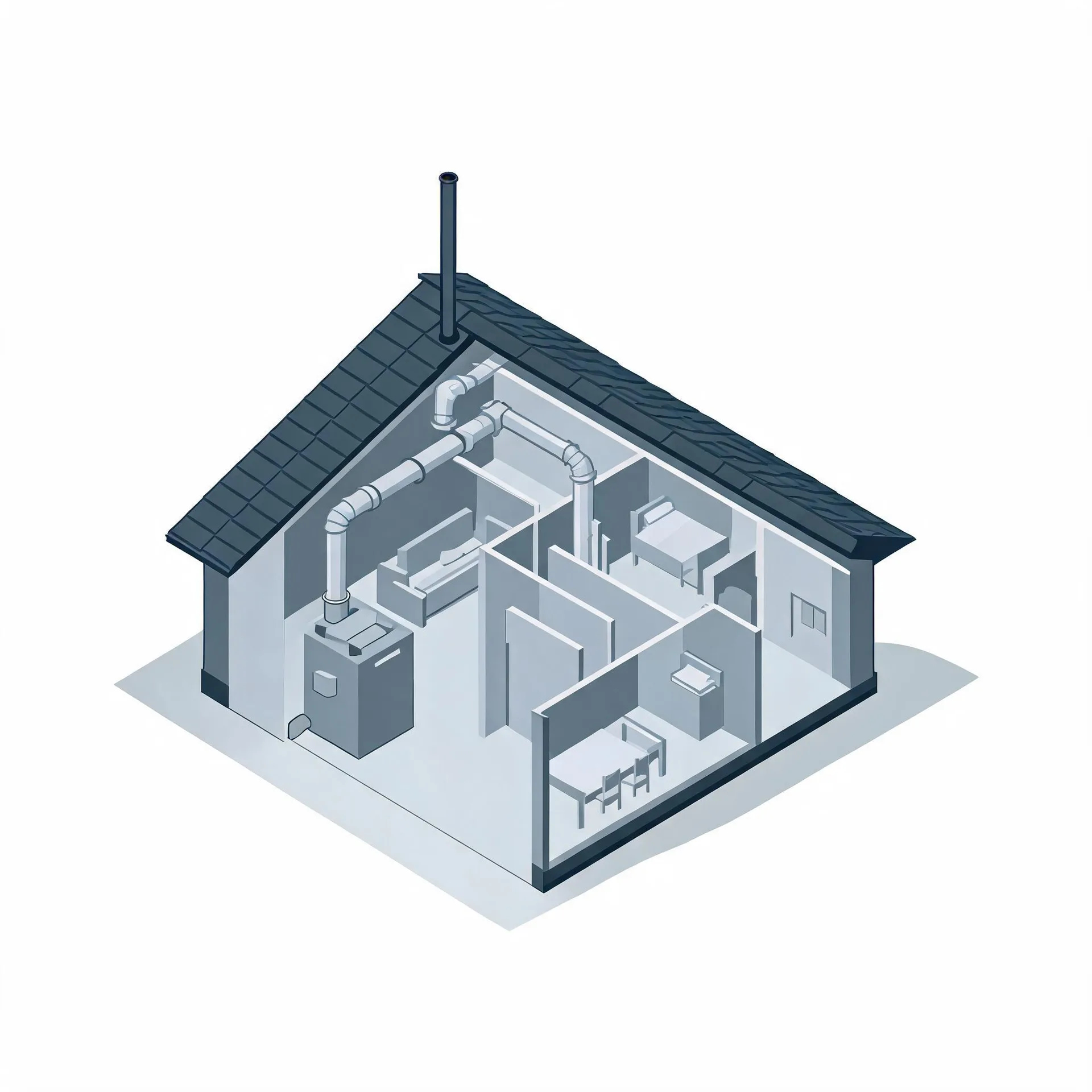 Isometric cutaway illustration of a small single-story house showing interior rooms with furniture, a furnace unit with attached ductwork running to a roof flue, and a dark shingled roof.