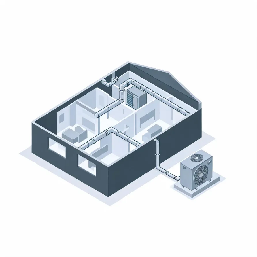 Isometric cutaway illustration of a house interior showing ducted air handling equipment and duct runs through rooms, connected by piping to an outdoor condenser unit on a pad outside the wall.