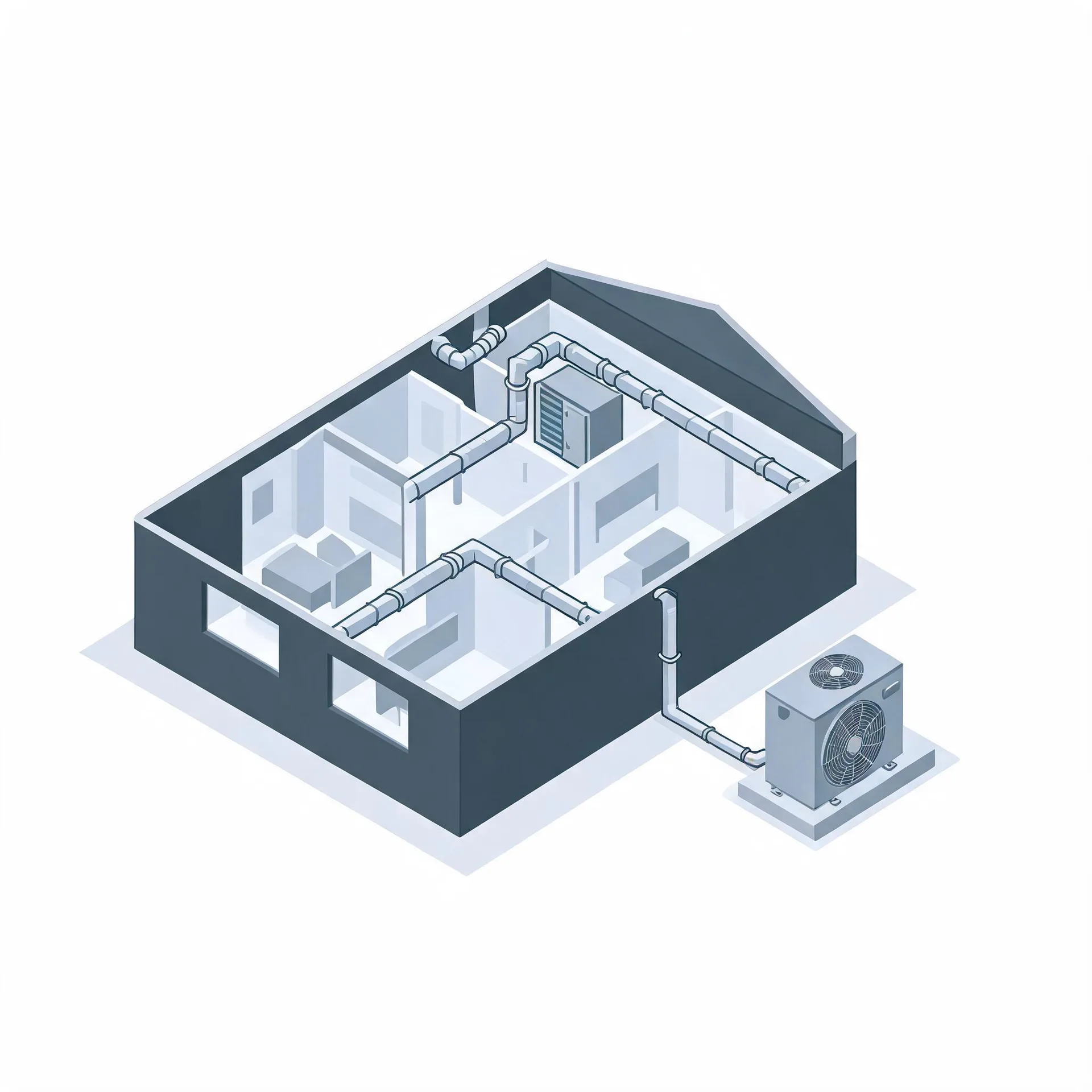 Isometric cutaway illustration of a house interior showing ducted air handling equipment and duct runs through rooms, connected by piping to an outdoor condenser unit on a pad outside the wall.