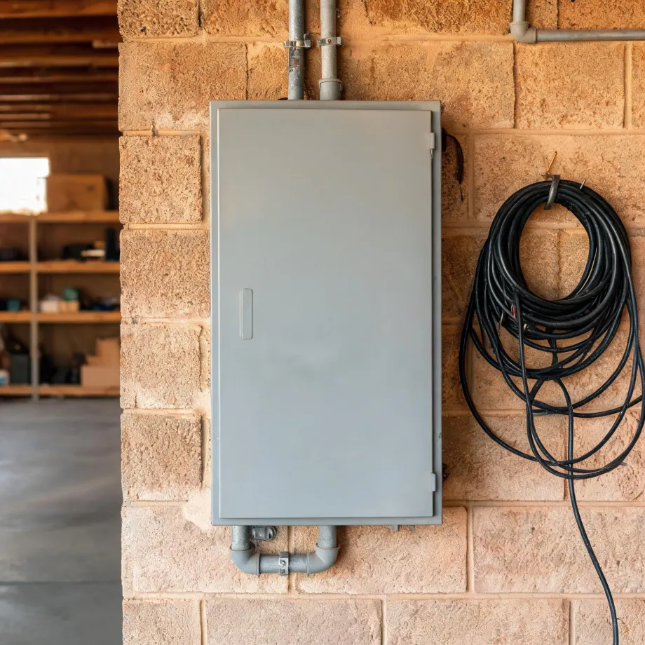A closed gray metal electrical panel mounted on a tan concrete block wall with conduit pipes above and below, a coiled black cable hanging on a hook to the right, and a dim shelved storage area to the left.