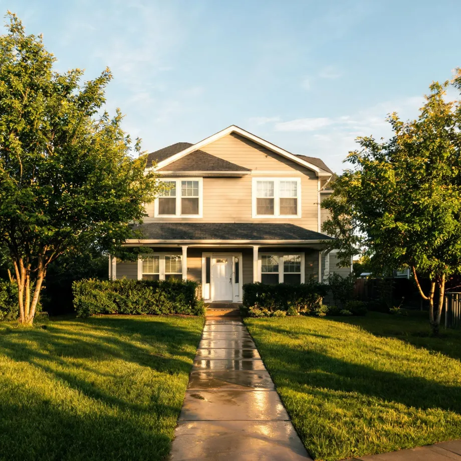 A two-story house with light horizontal siding, a covered front porch and white door, fronted by a wet concrete walkway, trimmed hedges, a green lawn and leafy trees under a clear sky.
