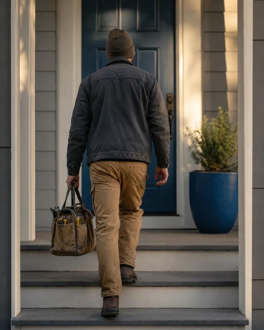 A man in a beanie, dark jacket and tan work pants climbs porch steps toward a blue front door, carrying a canvas tool bag, with a potted shrub in a blue planter beside him.