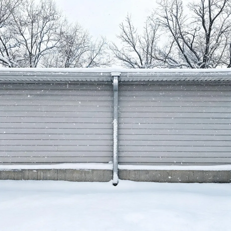 A gray horizontal-lapped siding wall on a concrete foundation with a central downspout, seen during falling snow with snow-covered ground and bare trees behind the roofline.
