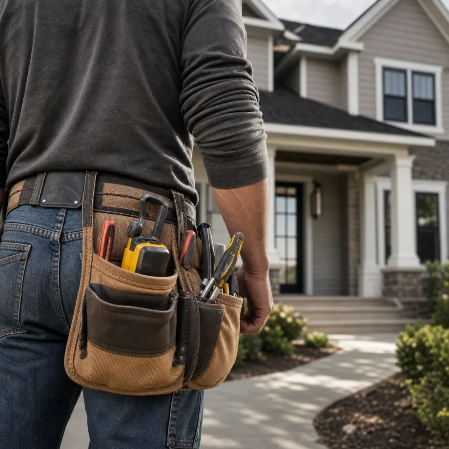 Close view from behind of a person in a gray long-sleeved shirt and jeans wearing a canvas tool belt with pliers, a tape measure and other hand tools, facing a two-story house with light siding, a covered front entry and landscaped walkway.