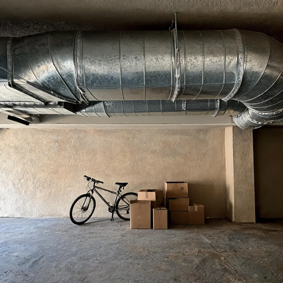 A bicycle leans beside a stack of cardboard boxes against a stucco wall in a concrete-floored space, with large galvanized ductwork running across the ceiling above.