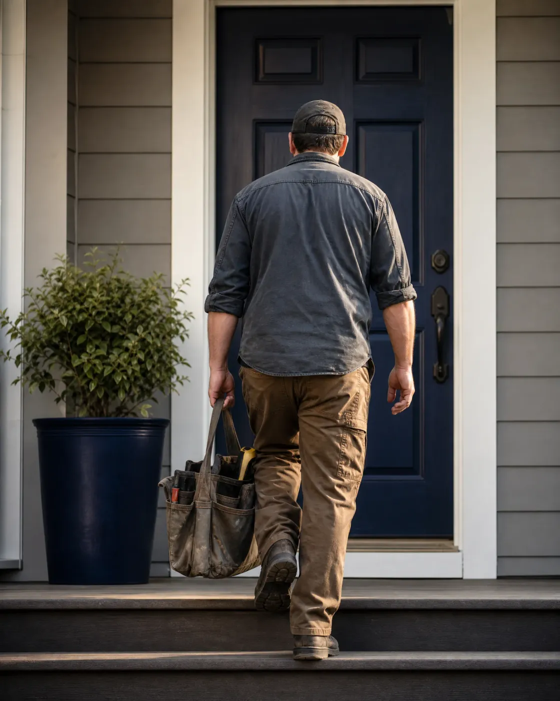 A man in a cap, gray shirt and brown work pants, seen from behind, carries a canvas tool bag up steps toward a dark navy front door beside a potted shrub.