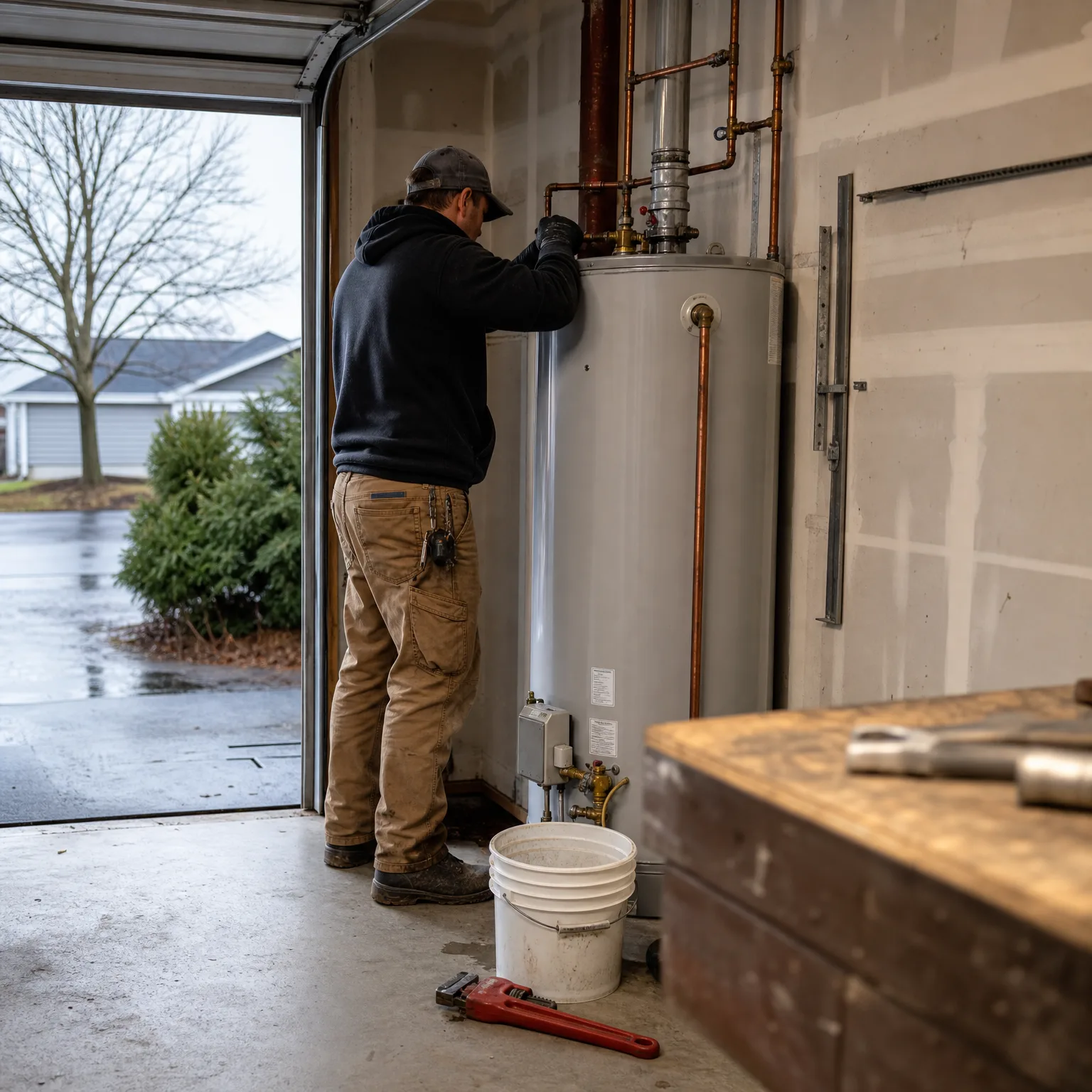 A person in a dark hoodie, cap, and tan work pants works on copper piping above a large water heater in an open garage, with a white bucket and a red pipe wrench on the floor and a wooden workbench at right.