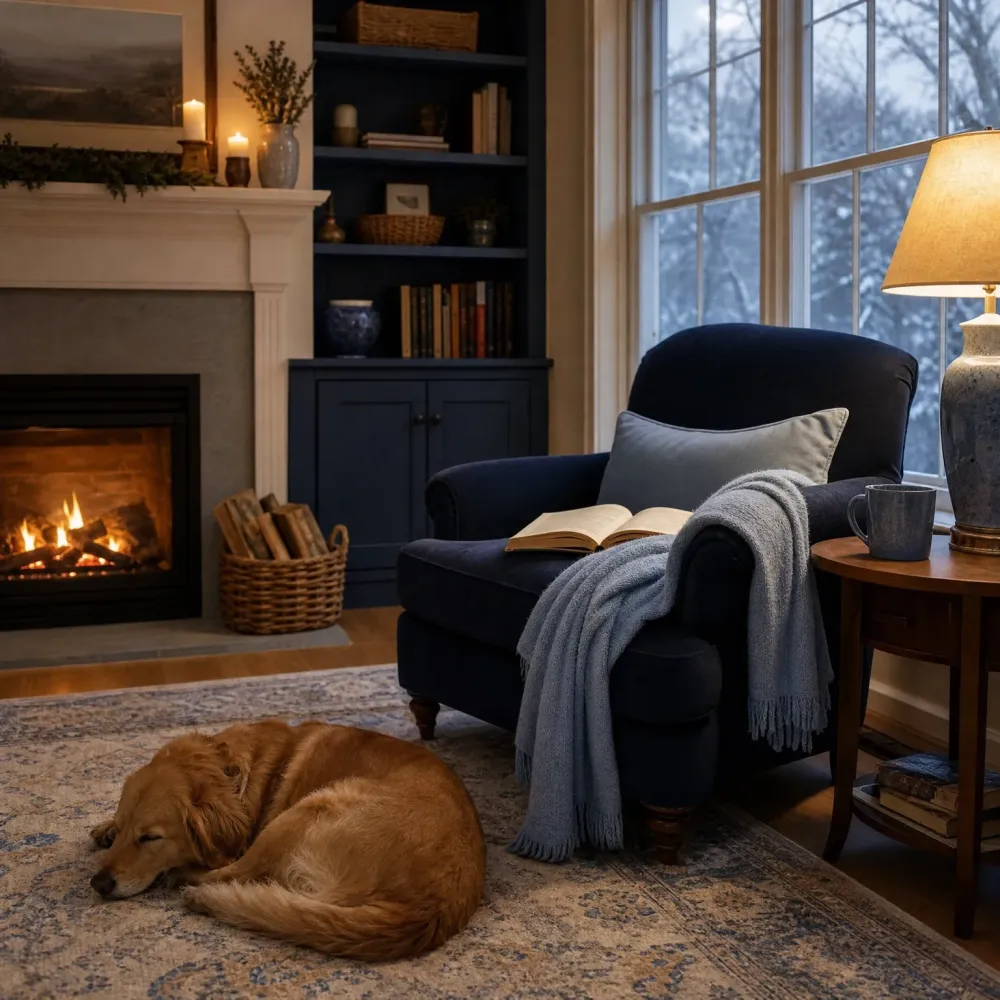 A dark blue armchair with an open book and gray fringed throw sits beside a lit fireplace and a lamp-topped side table, with a golden-colored dog curled asleep on a patterned rug and snowy trees beyond the window.