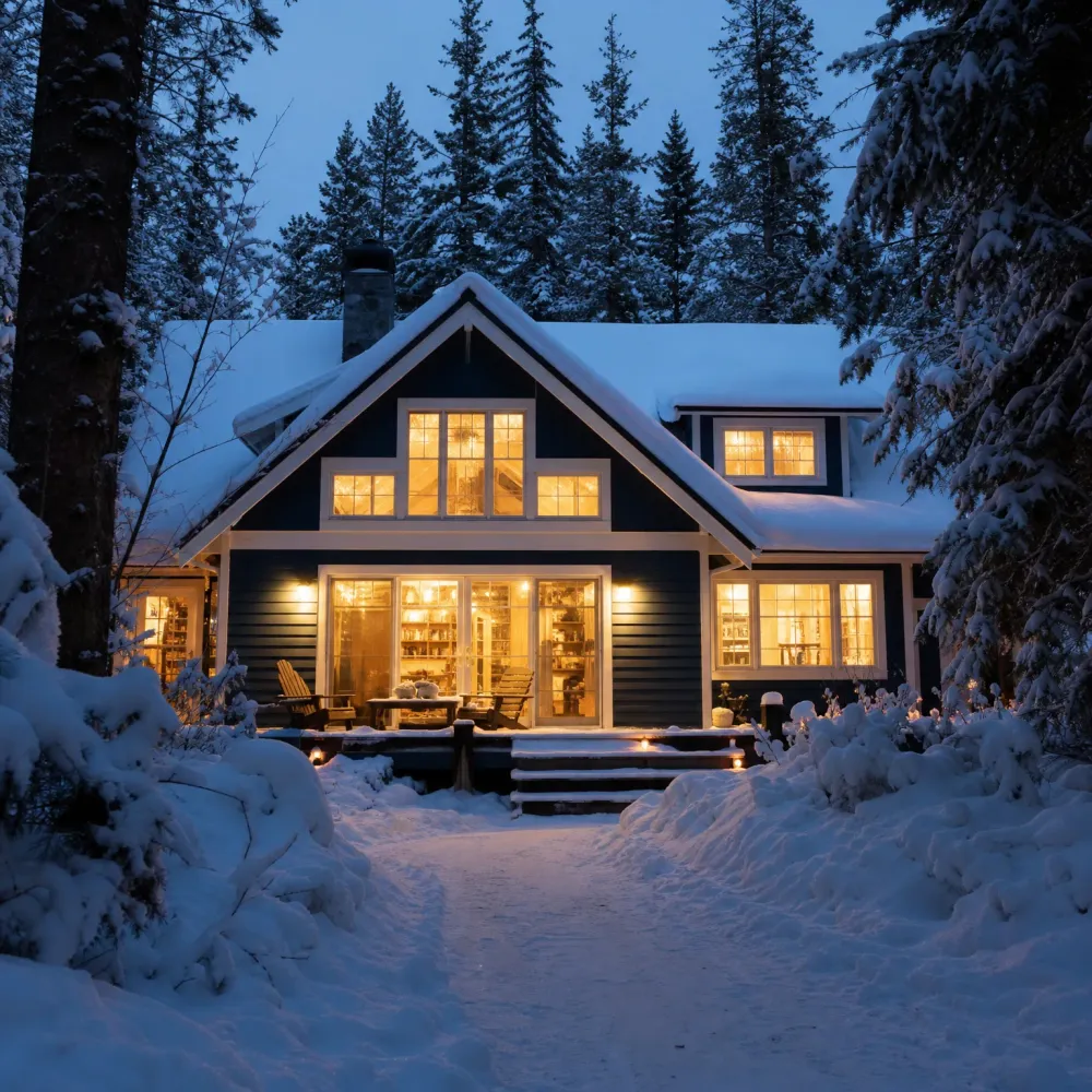 A dark-sided two-story house with lit windows and a snow-covered roof at dusk, surrounded by snow-laden conifers and a shoveled path leading to its steps.