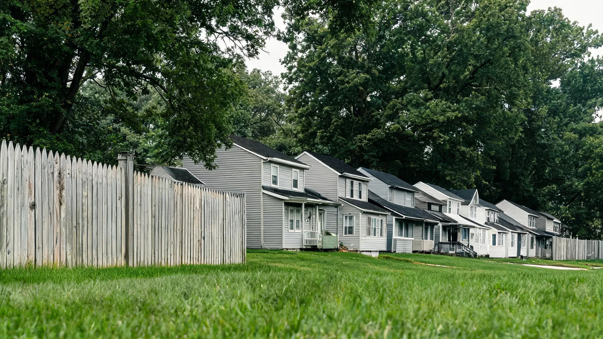 A row of gray vinyl-sided two-story houses set back behind a mowed grass lawn, with a weathered wooden stockade fence on the left and large deciduous trees behind.