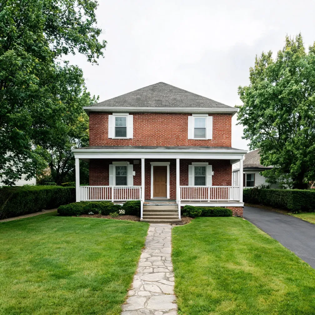 Two-story red brick house with a white covered porch, white-trimmed windows with shutters, and a gray hipped roof, fronted by a mowed lawn, a flagstone walkway, trimmed hedges, and an asphalt driveway to the right.