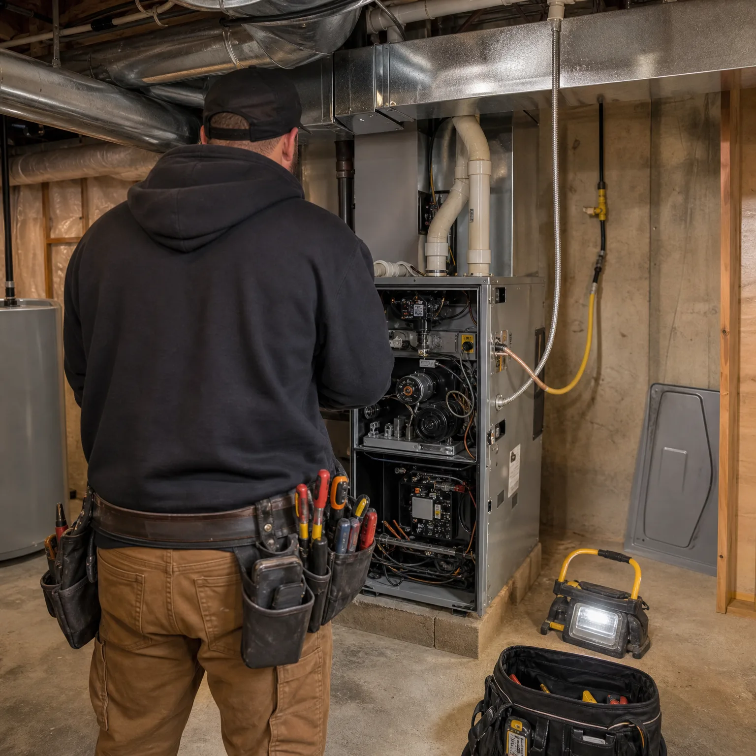 A man in a dark hooded sweatshirt, cap, and tool belt stands facing an open furnace in a basement with metal ductwork, a work light, and a tool bag on the floor.