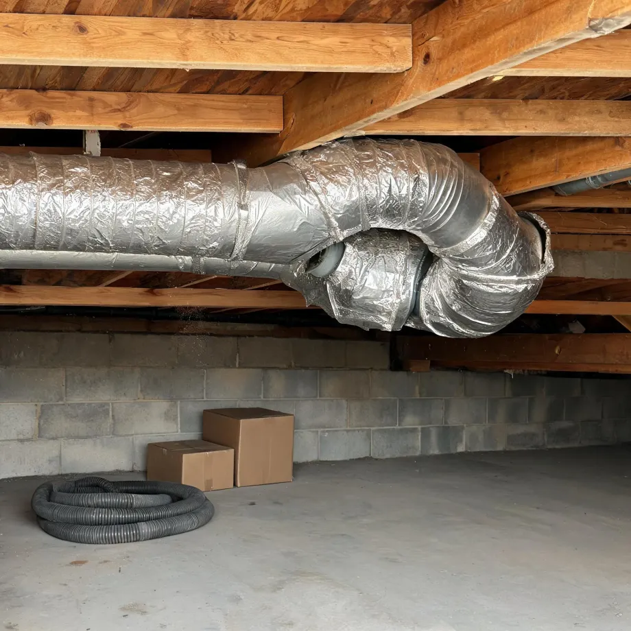 Crawlspace or basement with insulated flexible HVAC duct running along wooden floor joists above a concrete block wall, with two cardboard boxes and a coiled corrugated hose on the concrete floor.