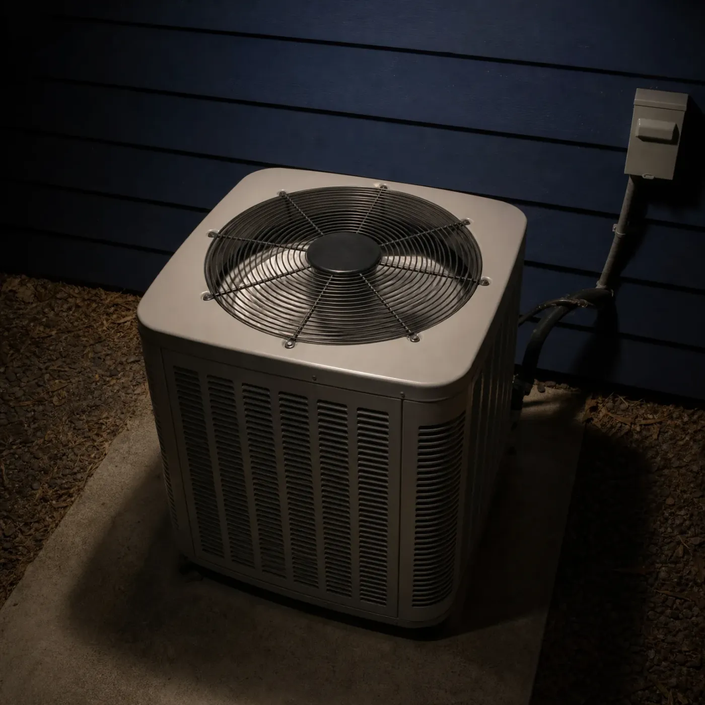 An outdoor air conditioning condenser unit with a top-mounted fan grille sits on a concrete pad beside a dark horizontal-lap sided wall, with a disconnect box and refrigerant lines on the wall at night.