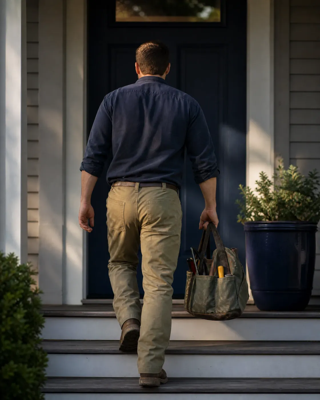 A man in a navy shirt and tan trousers, seen from behind, carries a canvas tool bag up wooden porch steps toward a dark blue front door, with shrubs and a large planter nearby.