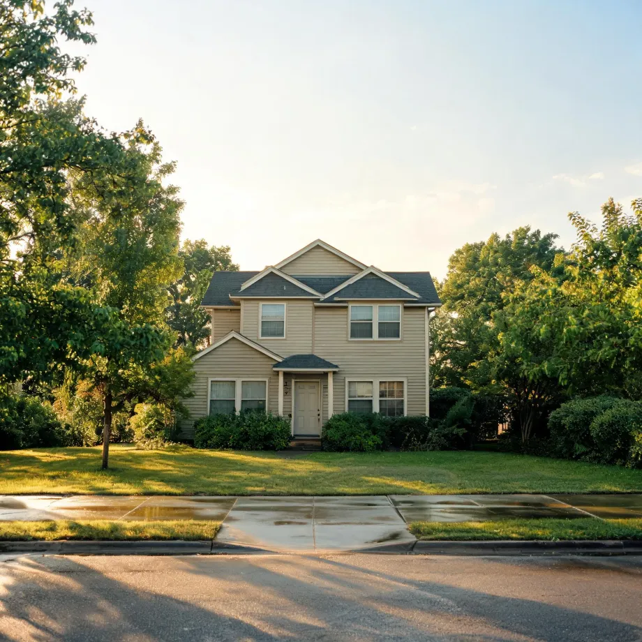 A two-story beige house with horizontal siding and a gray shingled roof, set behind a green lawn with shrubs and large leafy trees, seen from across a wet sidewalk and street in low sunlight.