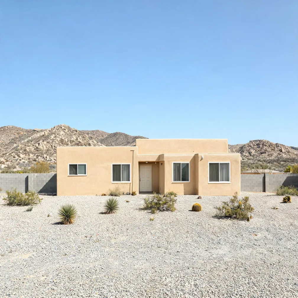A single-story tan stucco house with a flat roof and white-framed windows, set on gravel ground with agave, barrel cactus and scrub, a concrete block wall behind it and rocky hills in the distance under a clear blue sky.