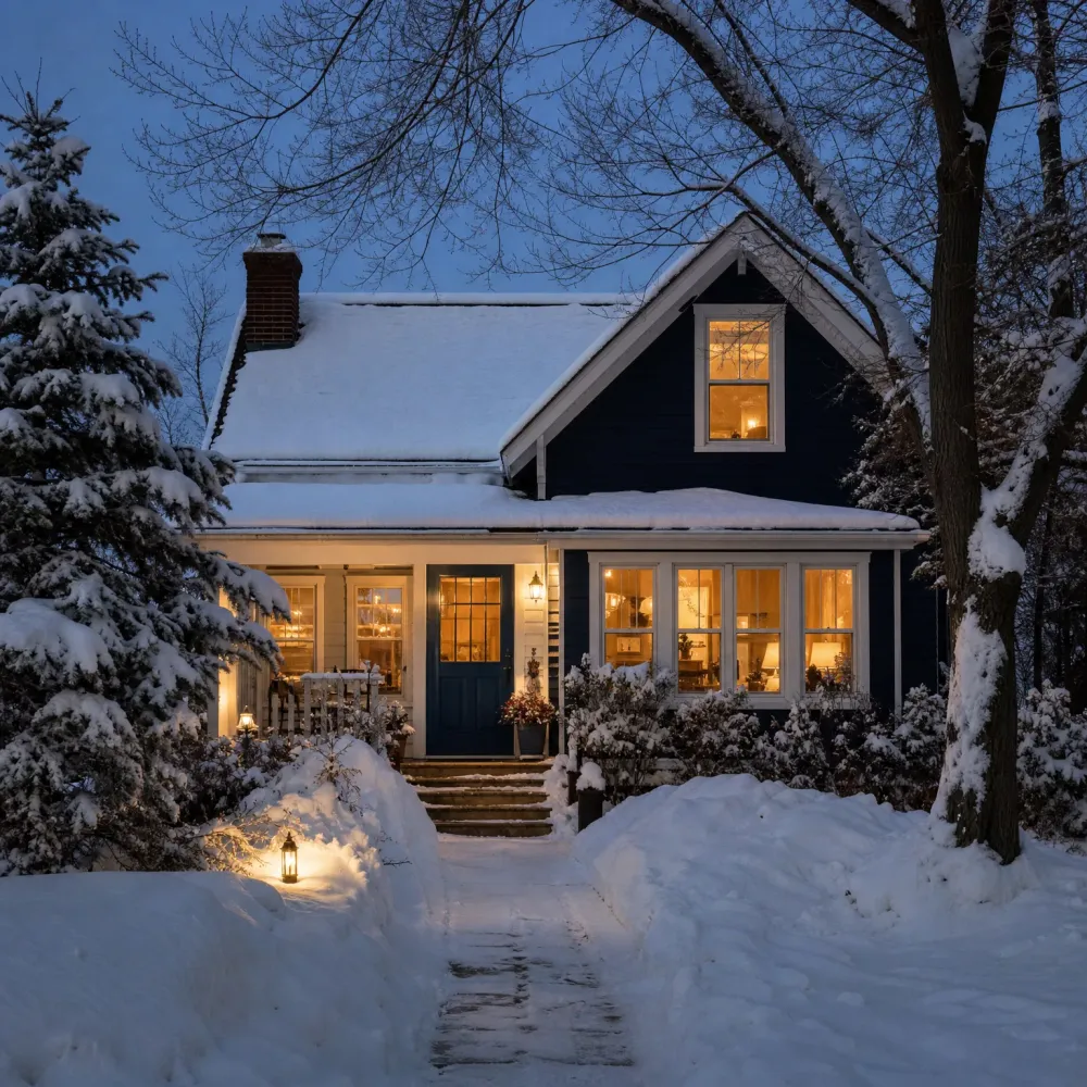 A dark navy clapboard house with a snow-covered roof and lit windows at dusk, with a shoveled path, a lantern in the snow, and snow-laden evergreen and bare trees around it.